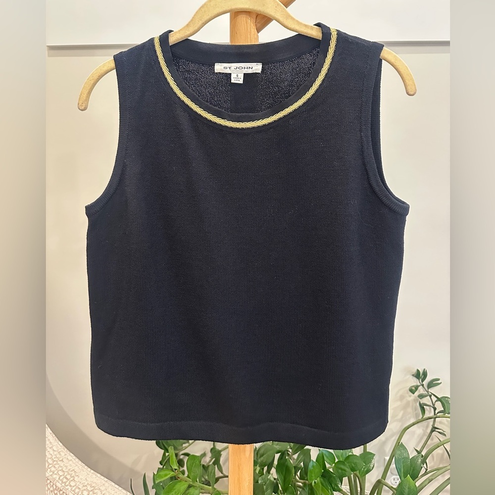 St John Black Knit Shell Top Gold Trim Sleeveless Santana Sweater Tank USA S